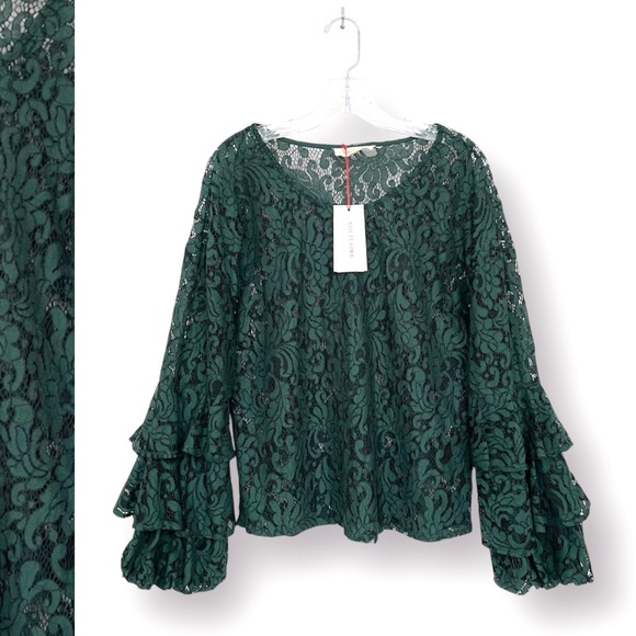 Solitaire Lace Blouse Long Layered Ruffle Bell Sleeve Crew Neck Jade Gre… - Picture 1 of 11